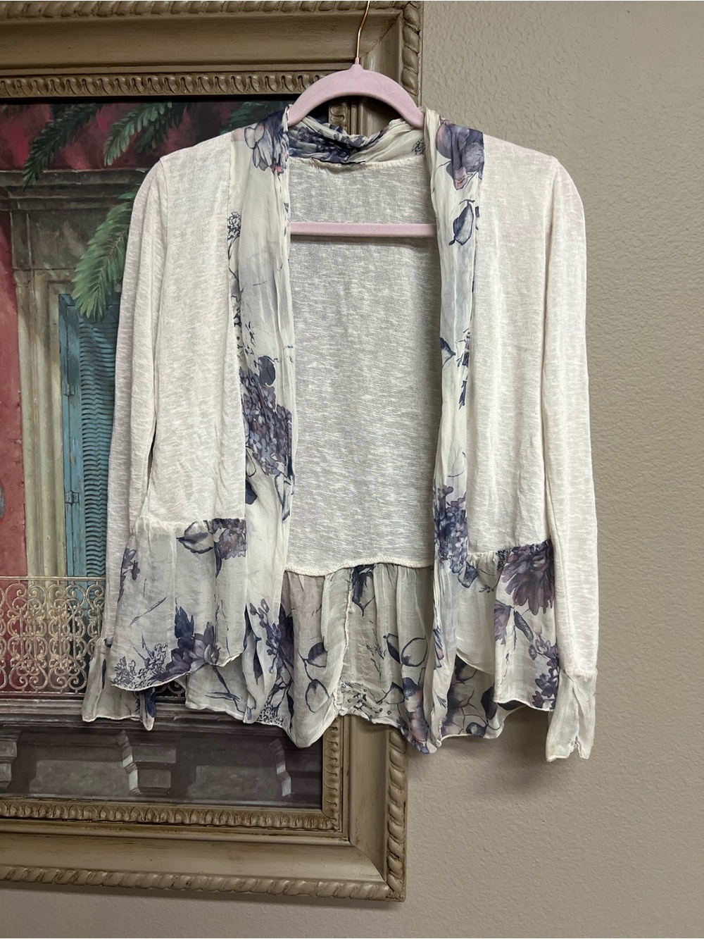 Elena Baldi Lightweight Cream Floral-Silk Trim Women's Cardigan